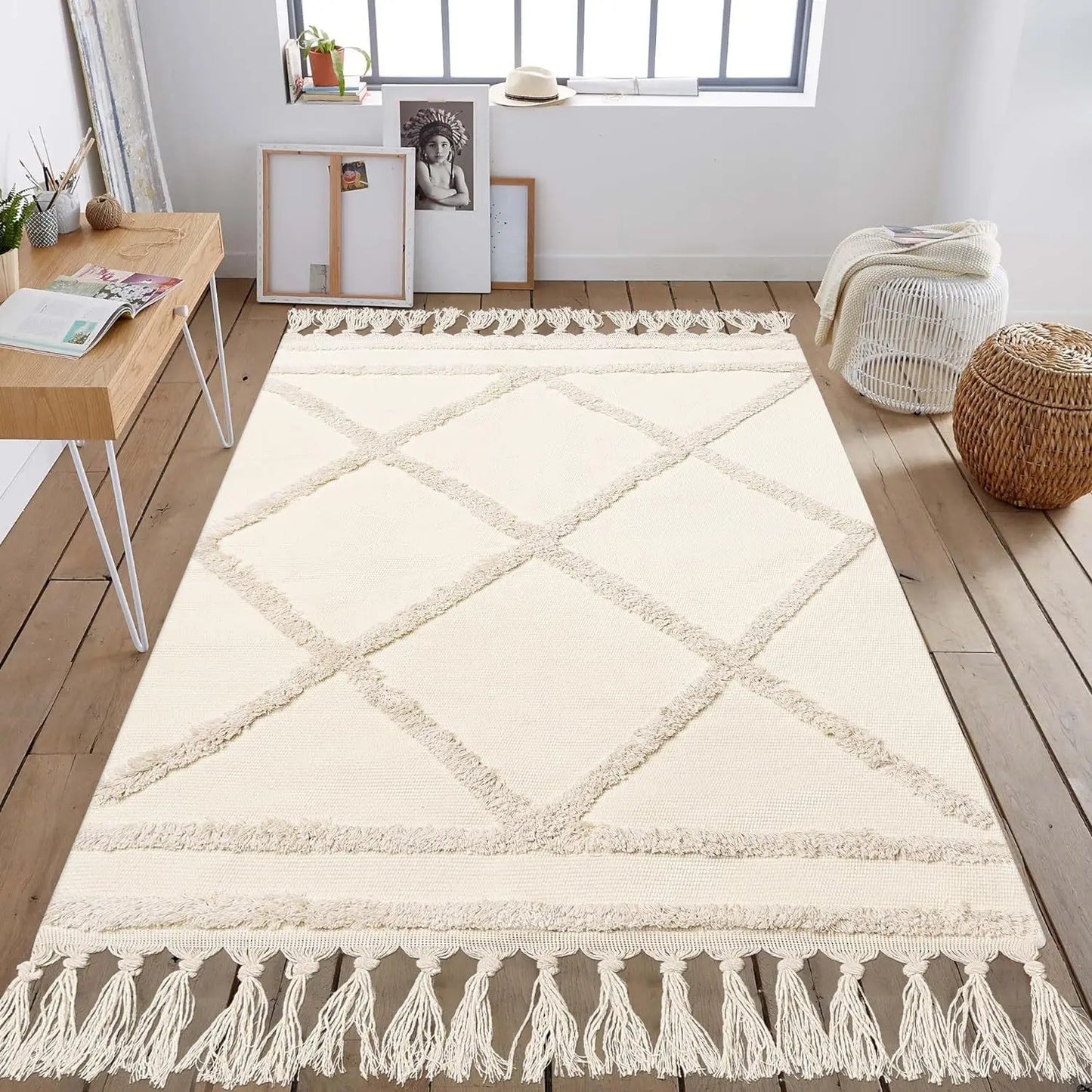 Tufted Cotton Carpet Living Room Carpet Hand-woven Tassel Washable Bathroom Floor Mat Hotel Bed and Breakfast Decorative Blanket