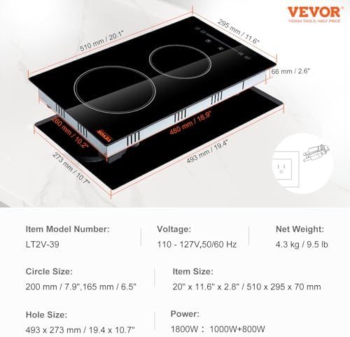 VEVOR 12-inch Glass Electric Cooktop Built-In with Timer Kids Safety Lock