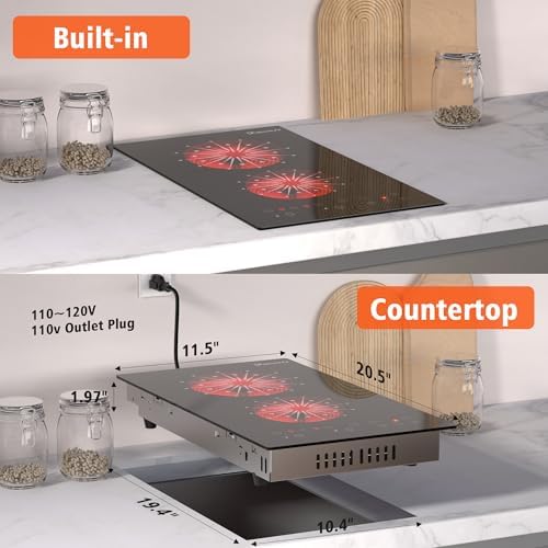 Disaenvir 12-inch electric cooktop 2-burner compact dual zones 2000W 110V
