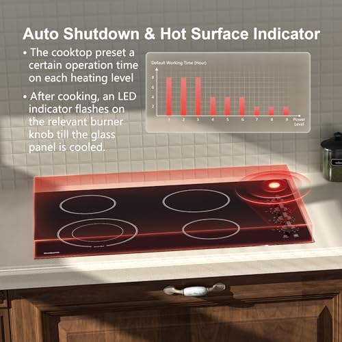 30-Inch Electric Cooktop 4 Burners3000W Dual-Ring Shatterproof Knob Switch Matte Black
