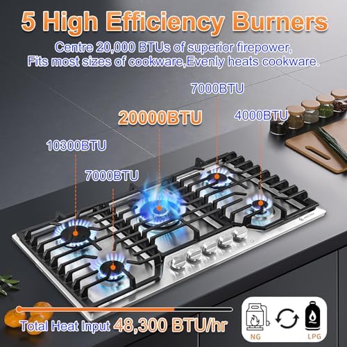 AMZCHEF 36-inch Gas Cooktop with 5Italian Sabaf Burners