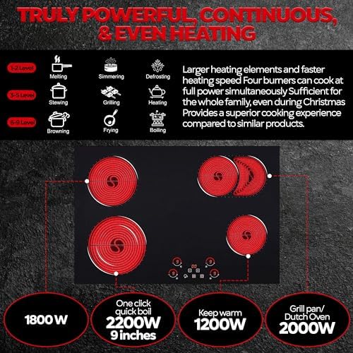 Ramblewood 4-Burner 30 Electric Cooktop 7200W Reliable 99 Mins Timer Secure Design