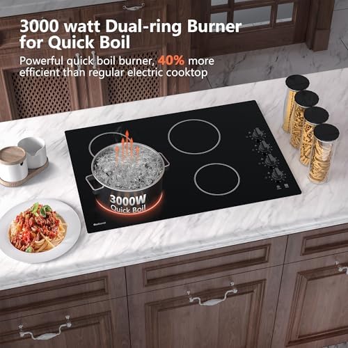30-Inch Electric Cooktop 4 Burners3000W Dual-Ring Shatterproof Knob Switch Matte Black