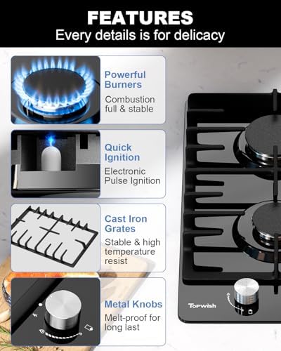 TopWish 2 Burner Propane Gas Cooktop Black Tempered Glass