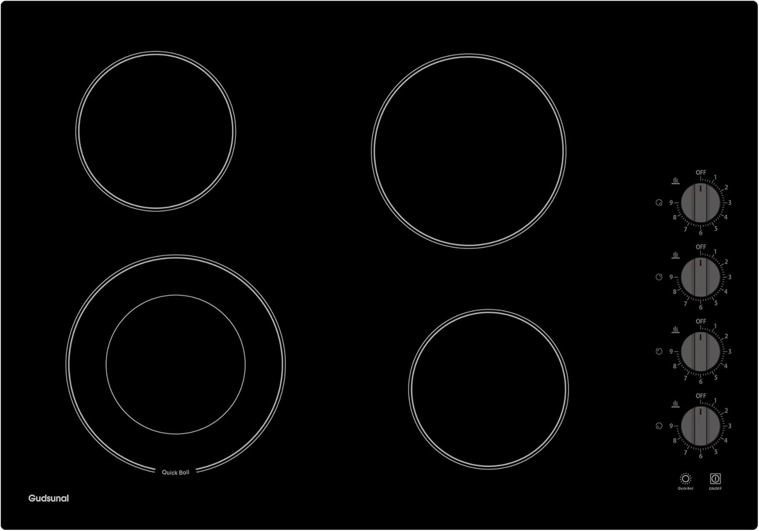 30-Inch Electric Cooktop 4 Burners3000W Dual-Ring Shatterproof Knob Switch Matte Black