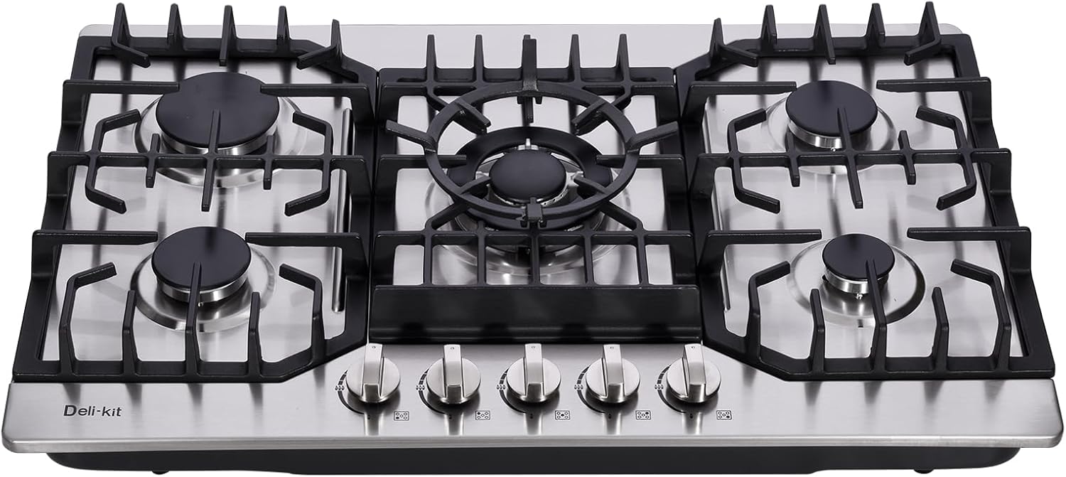 Deli-Kit 30-Inch Stainless Steel Gas Cooktop 5 Burners Dual Fuel