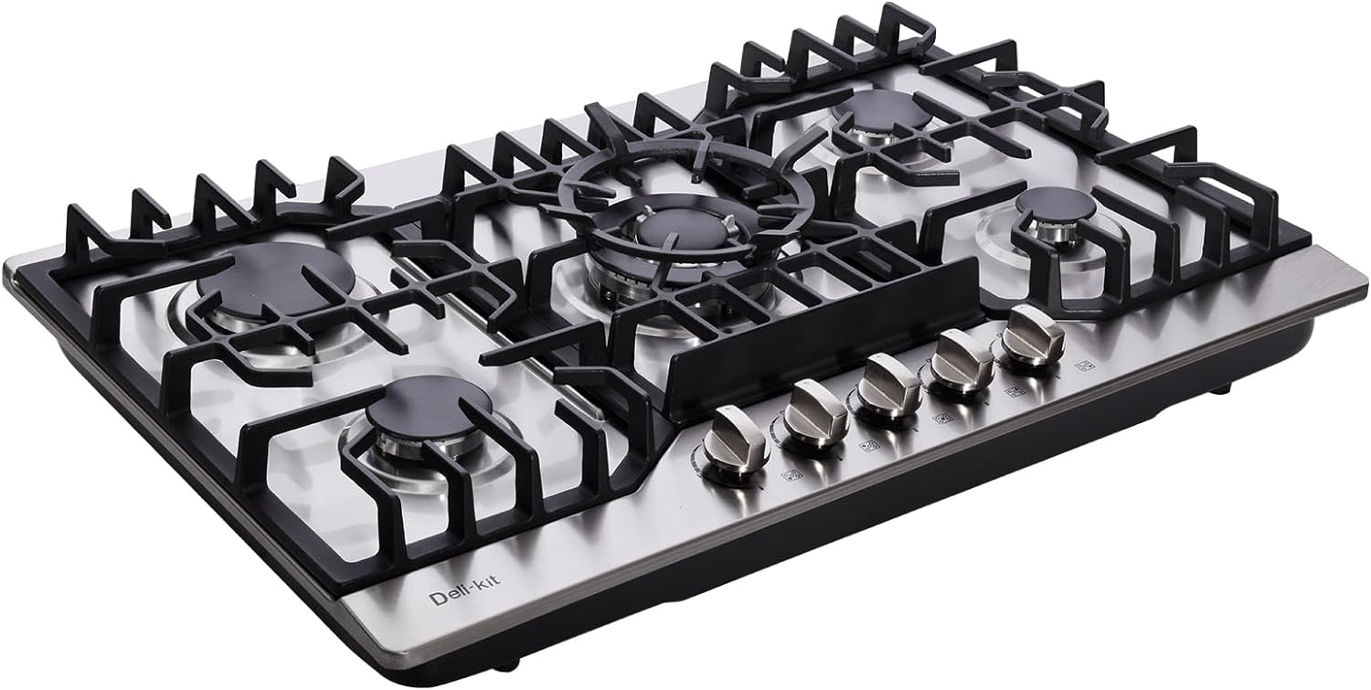 Deli-Kit 30-Inch Stainless Steel Gas Cooktop 5 Burners Dual Fuel