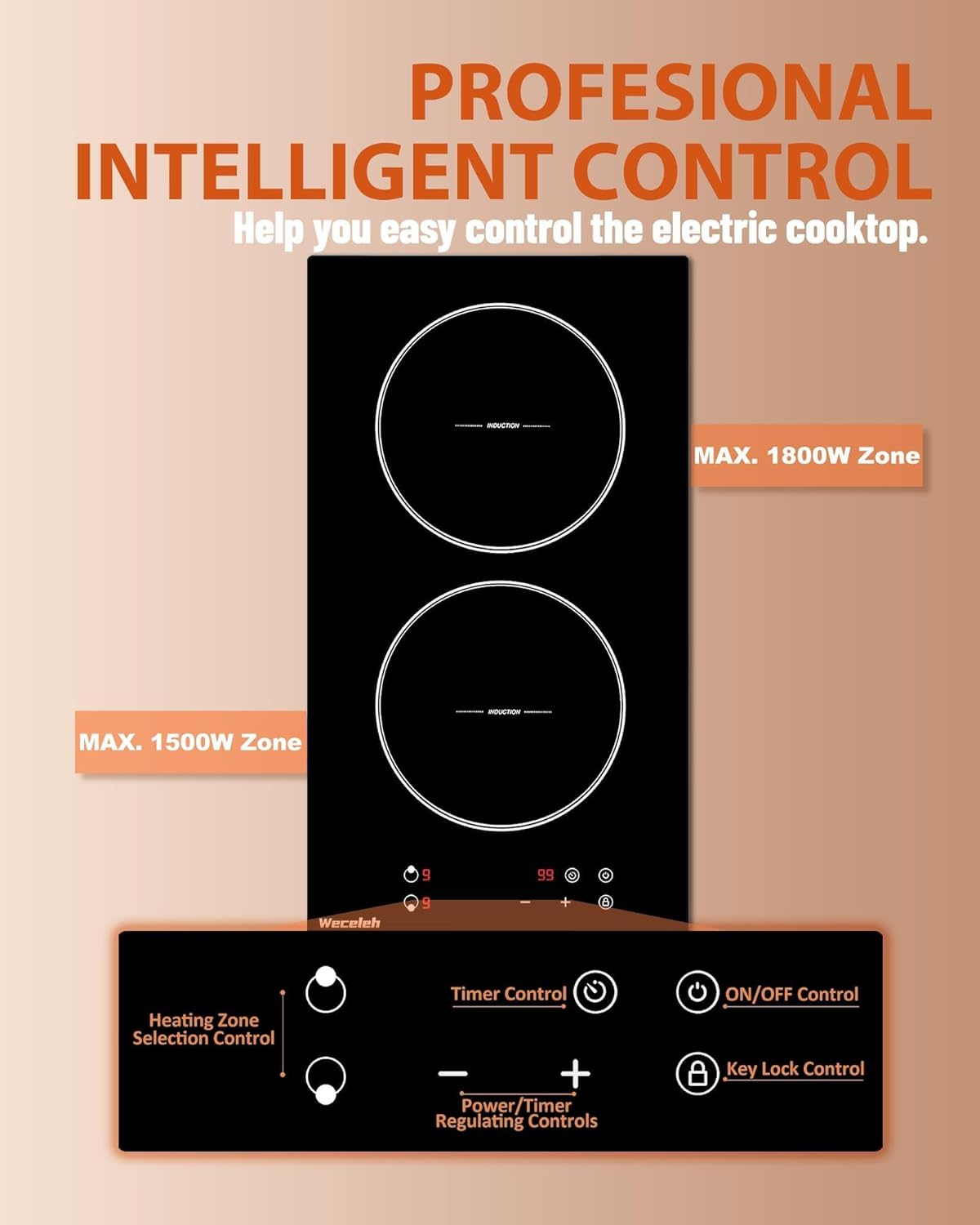 Weceleh 12-inch Induction Cooktop - 2 Burners 3300W Child Safety Timer