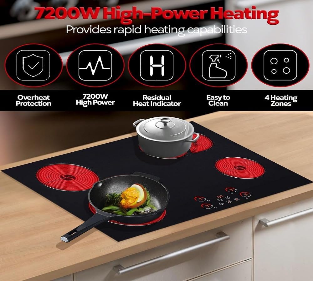 Ramblewood 4-Burner 30 Electric Cooktop 7200W Reliable 99 Mins Timer Secure Design