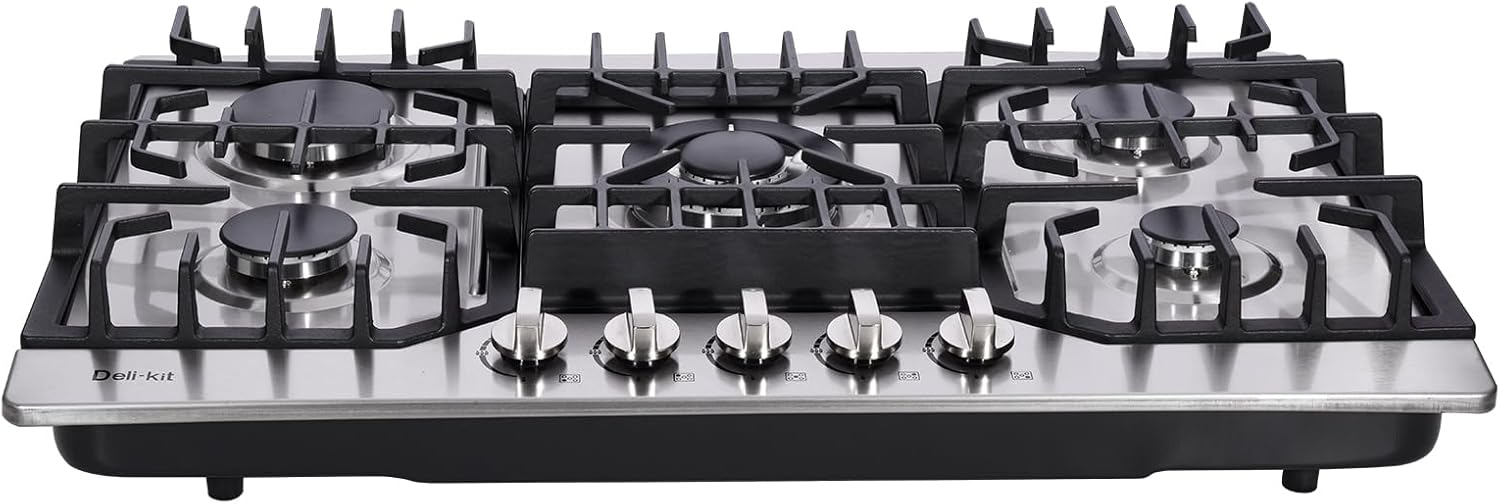Deli-Kit 30-Inch Stainless Steel Gas Cooktop 5 Burners Dual Fuel