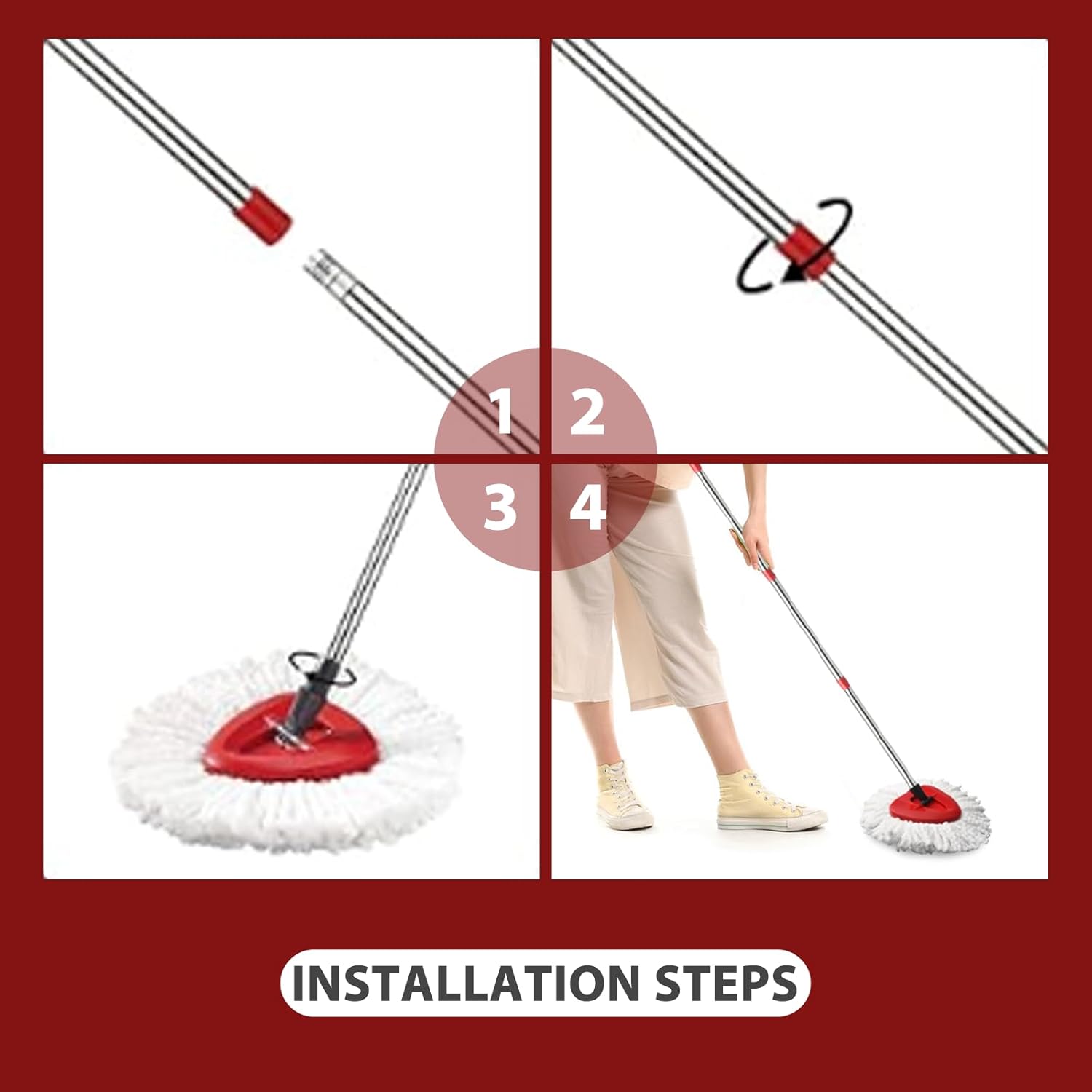 4-Section Spin Mop Handle Easywring Compatible