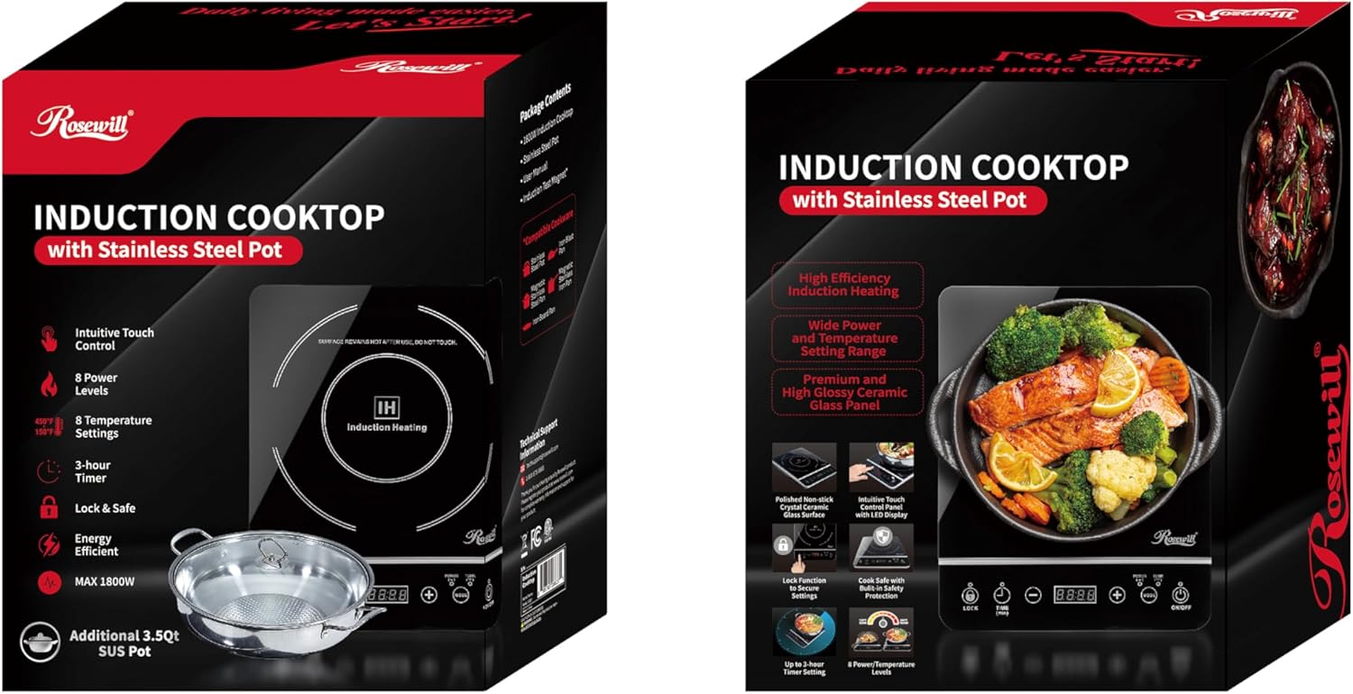 Rosewill 1800W Induction Cooktop 10-inch apt Stainless Steel Talking Monitoring Cooktop