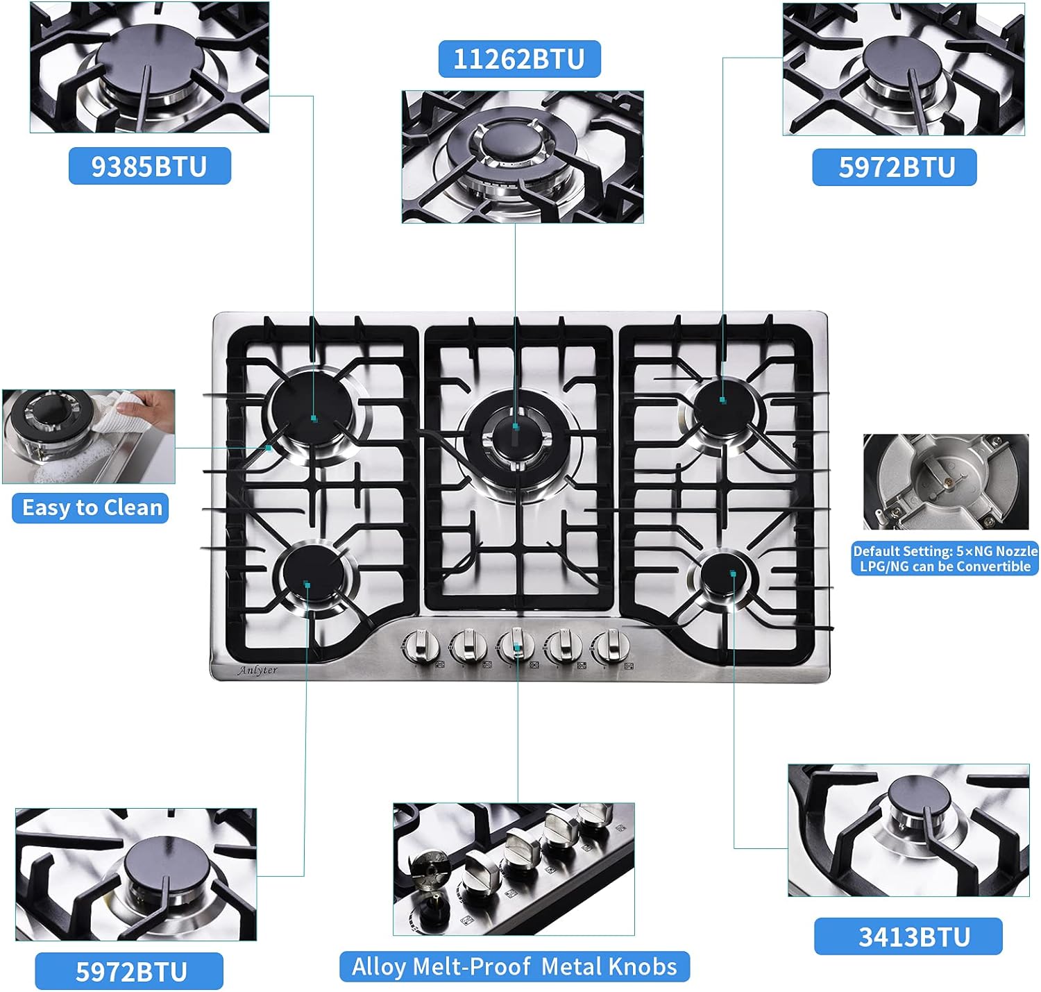 30-Inch Stainless Steel Dual-Fuel Gas Cooktop With Wok Stand