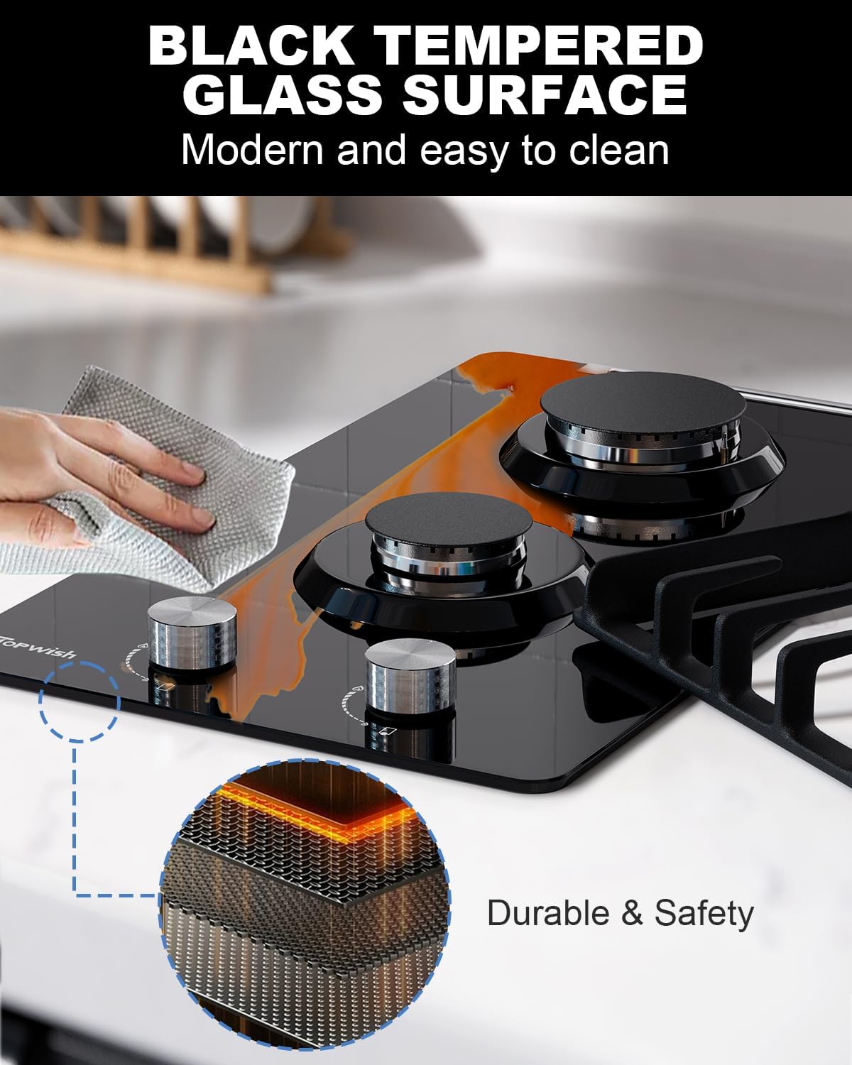 TopWish 2 Burner Propane Gas Cooktop Black Tempered Glass