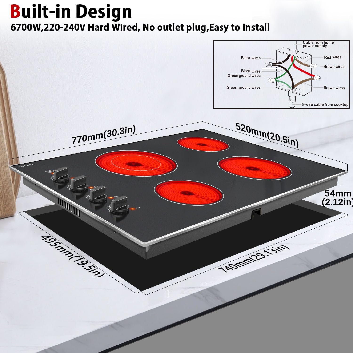30-inch Built-in Electric Cooktop with Glass Protection - 4-Burner Knob Control