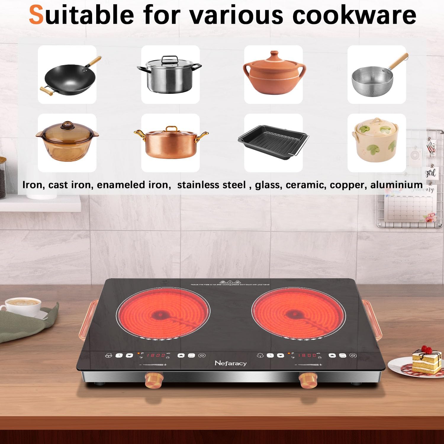 2-Burner Electric Cooktop 2000W Power 24 Inch Safe Portable Timer Included