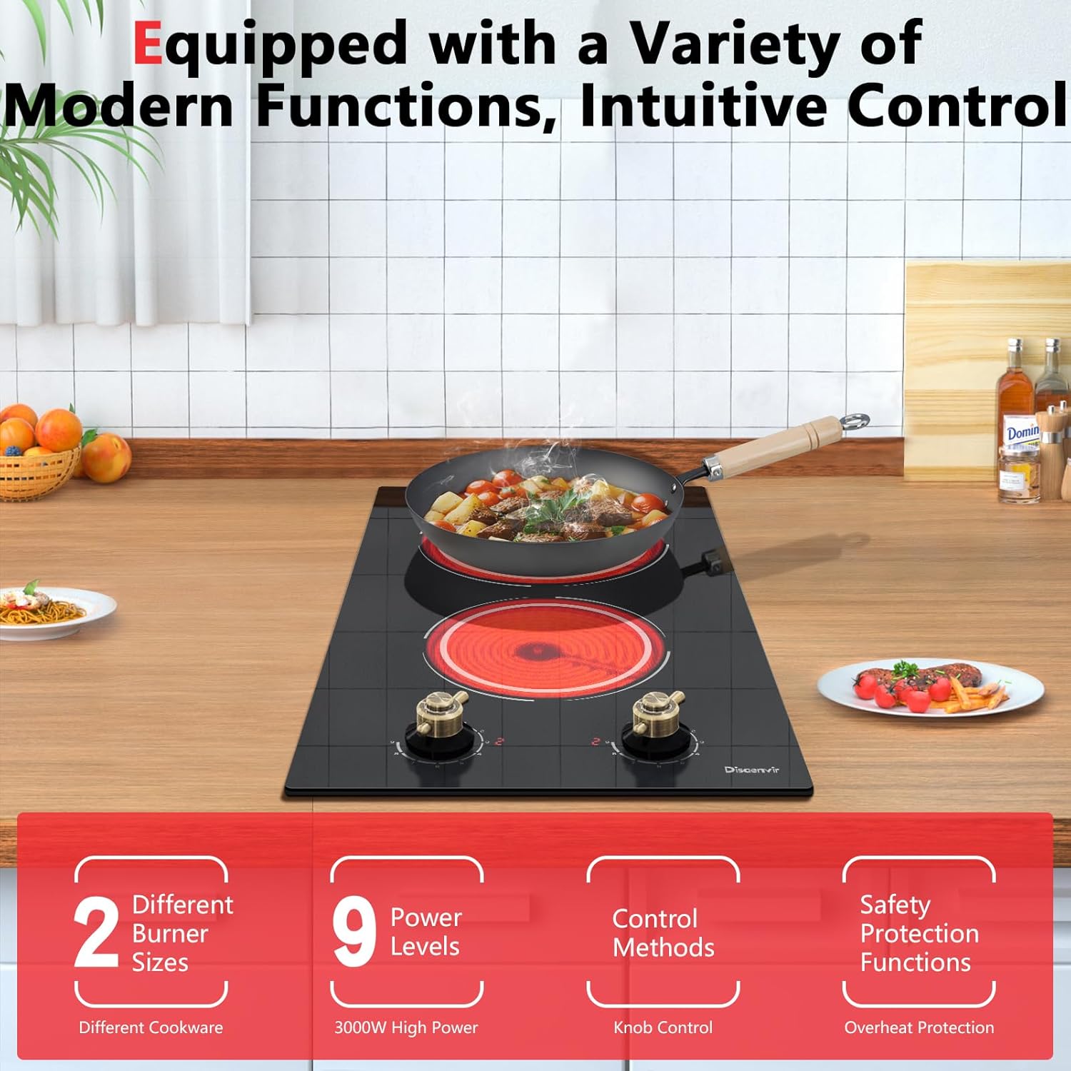 2-Burner Electric Cooktop - 3000W Cooking Power - 9 Power Levels
