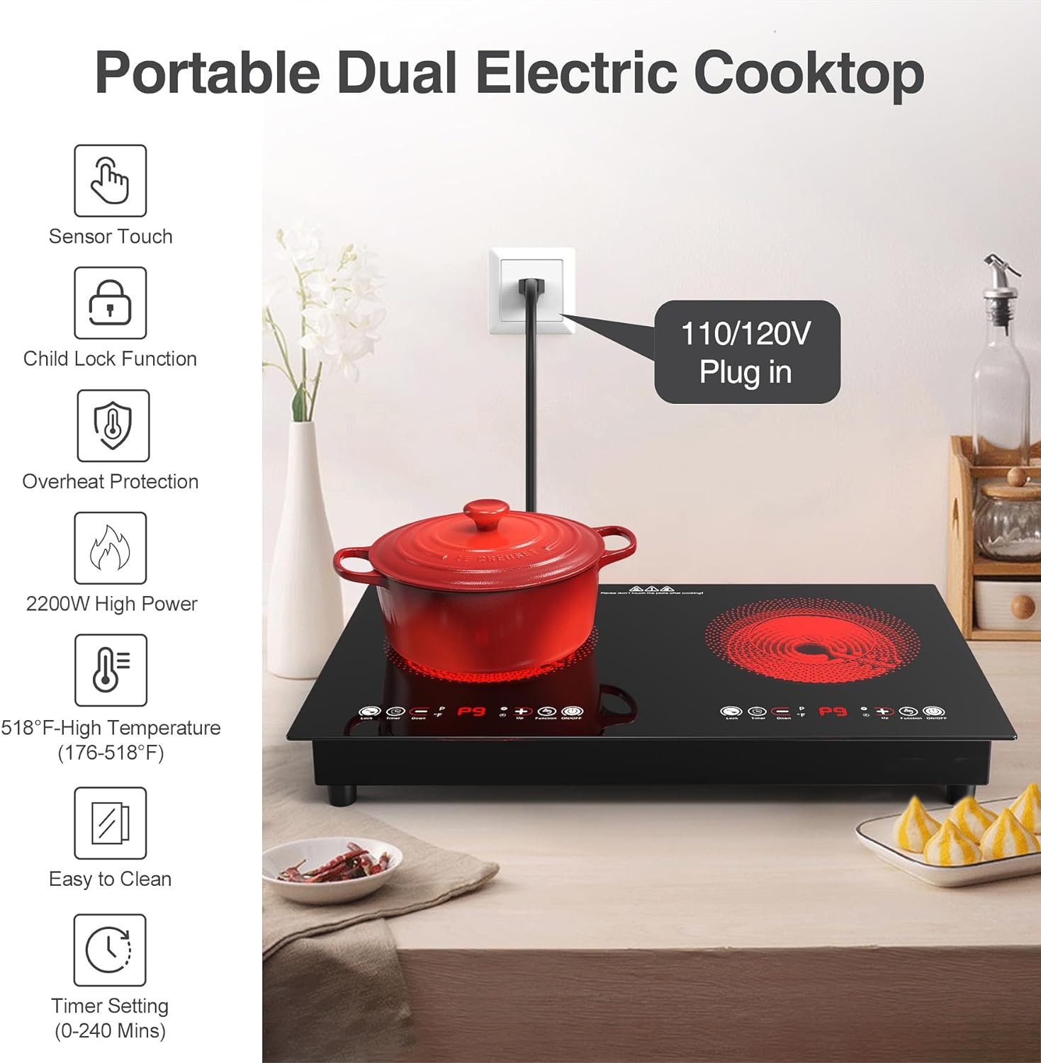 2-Burner Electric Cooktop with Timer and Safety Features
