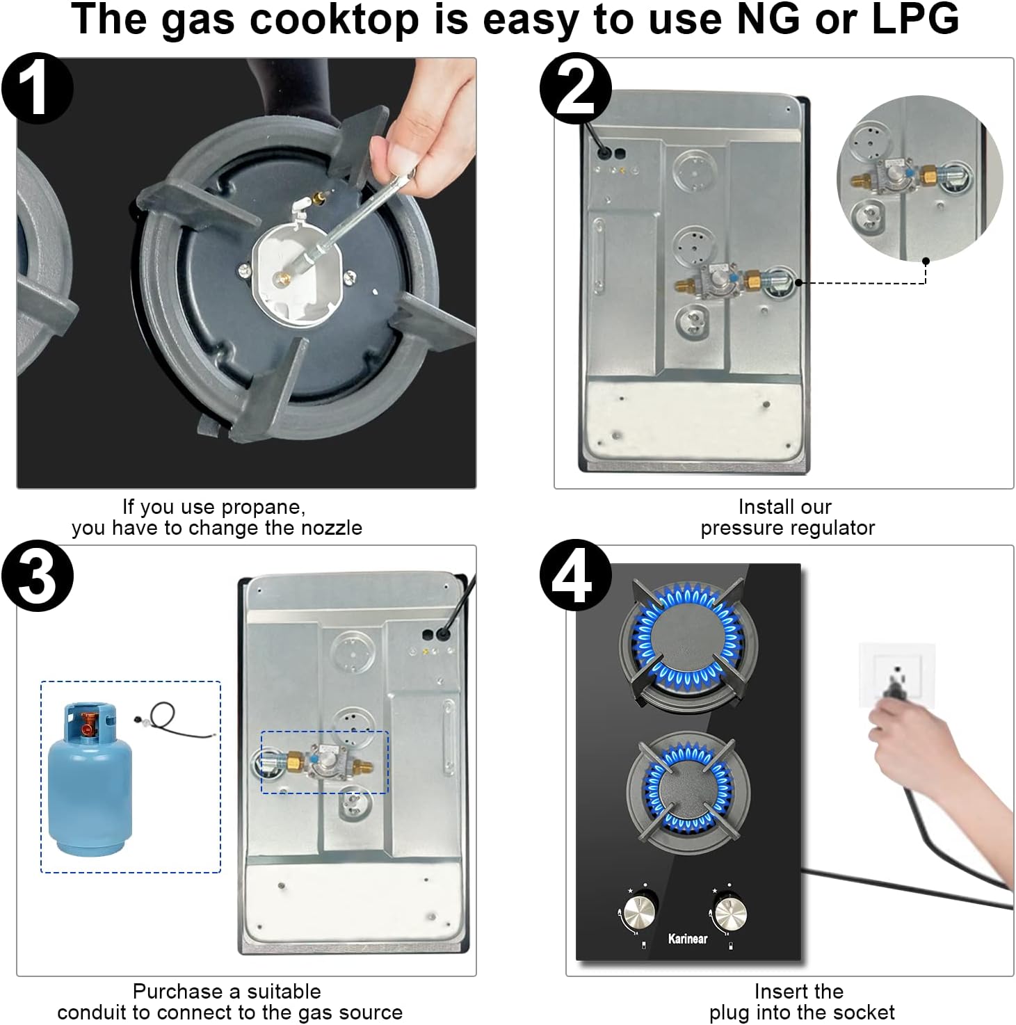 Karinear Built-In Propane Gas Cooktop 2 Burner Dual Fuel