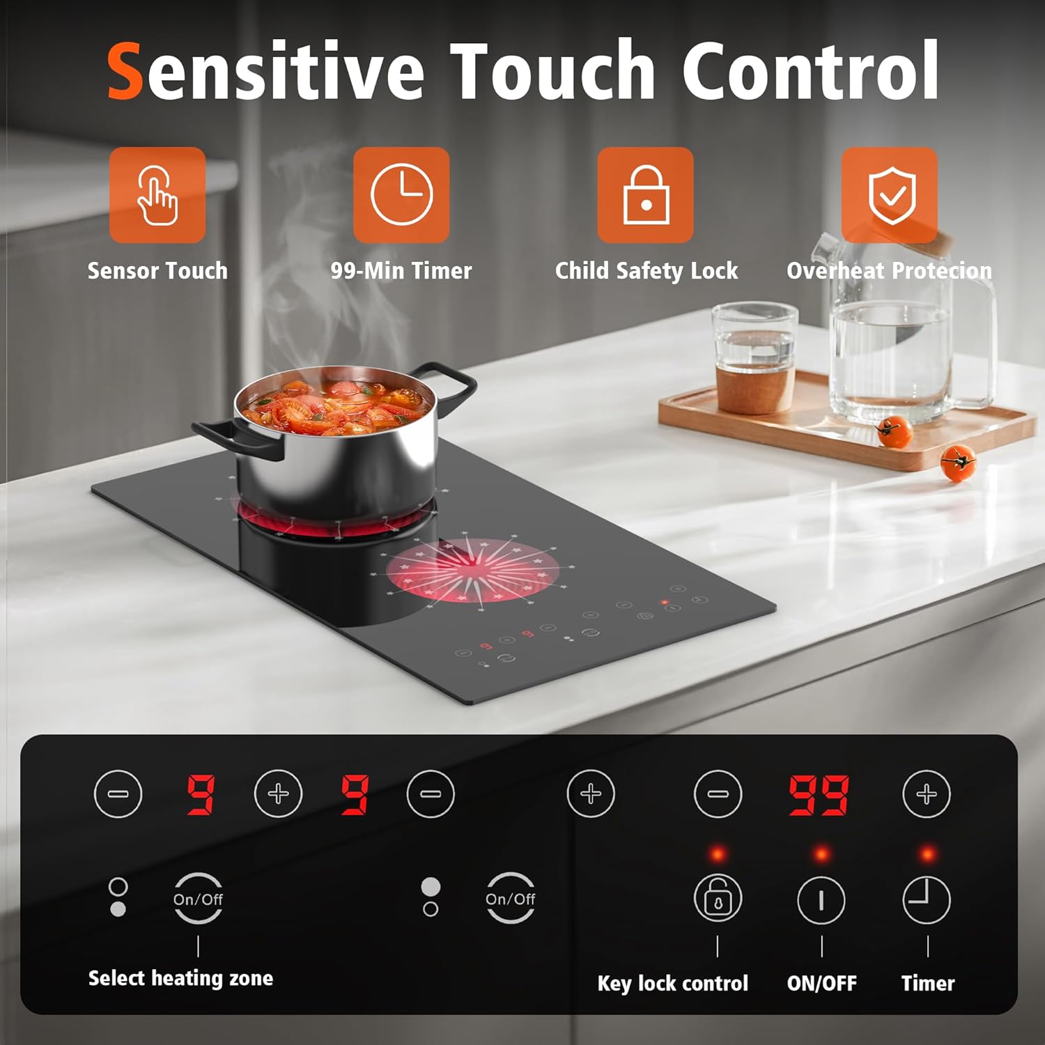 Disaenvir 12-inch electric cooktop 2-burner compact dual zones 2000W 110V