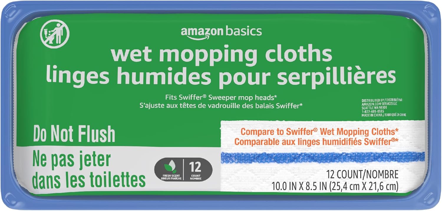 Amazon Basics Mop Heads Replacements - 12 Count Wet Mopping Cloth Refills