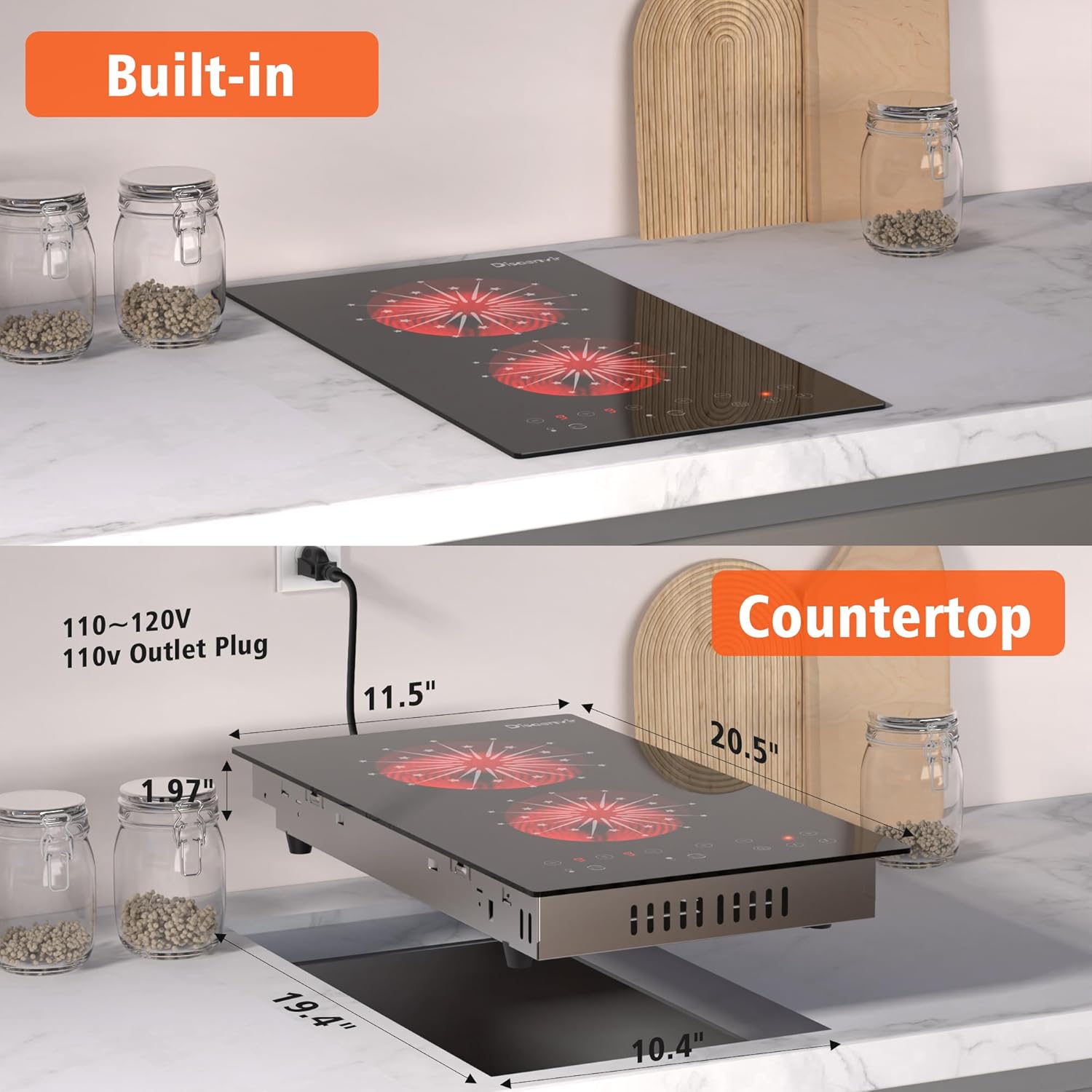 Disaenvir 12-inch electric cooktop 2-burner compact dual zones 2000W 110V