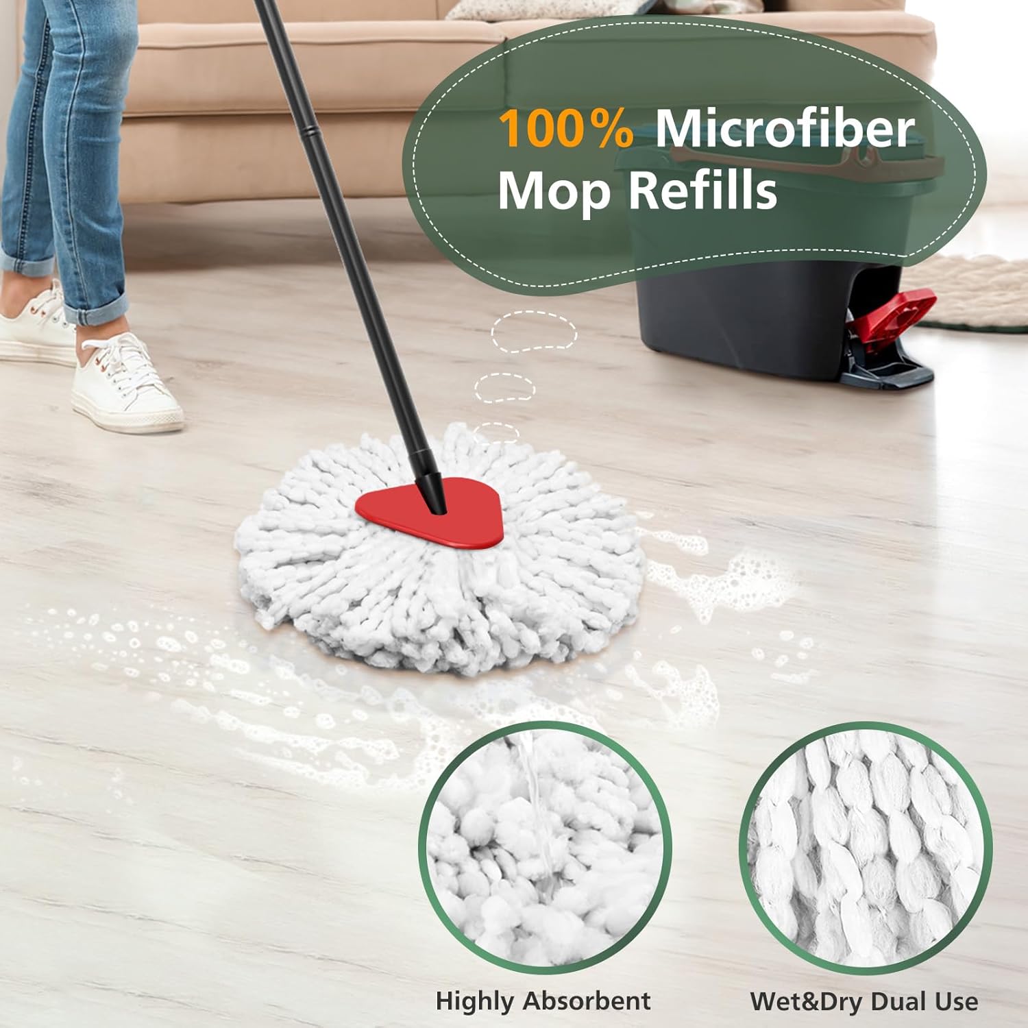 4Pack Spin Mop Replaceable Heads White - Compatible with EasyWring Spinning Mop 1-Tank