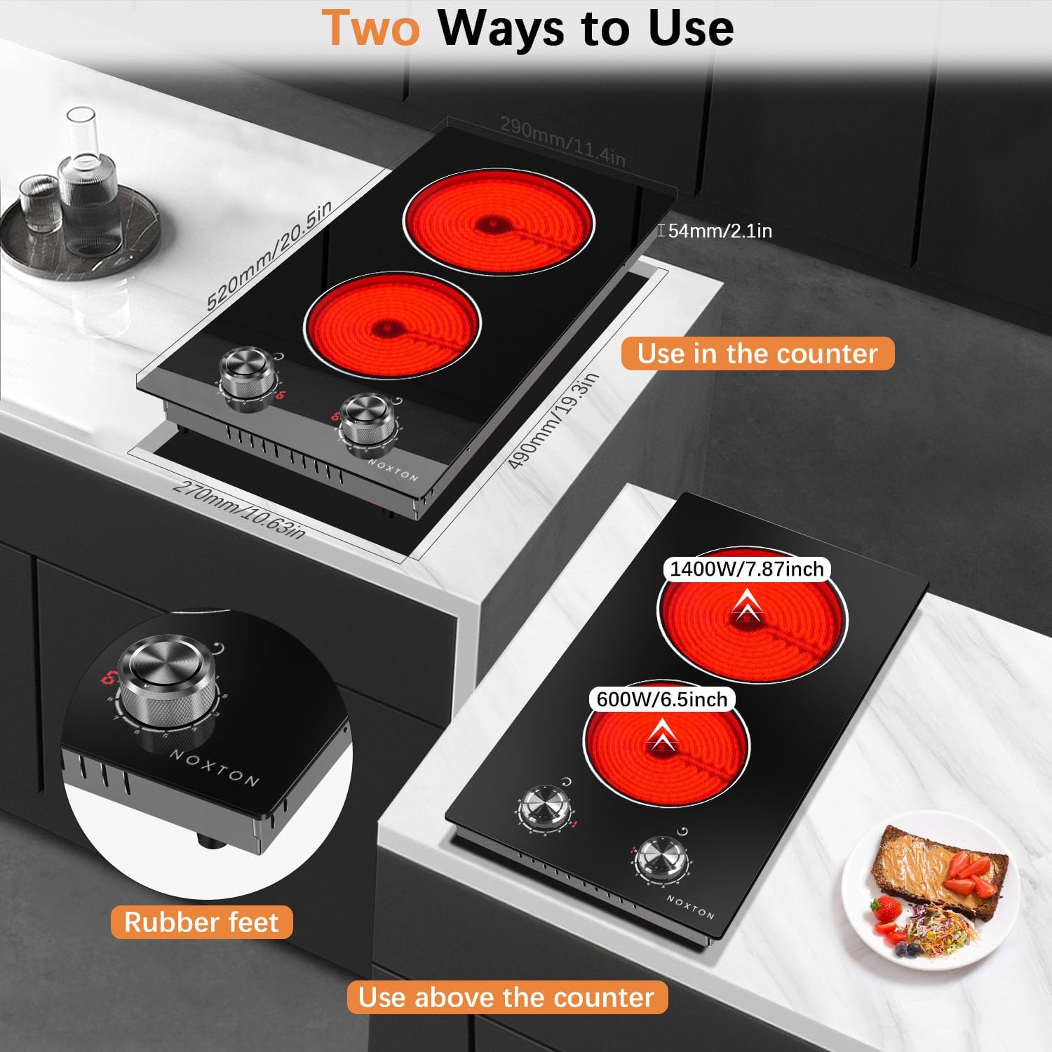 Noxton 110V Electric Cooktop - 2 Burner Plug In Stove Top