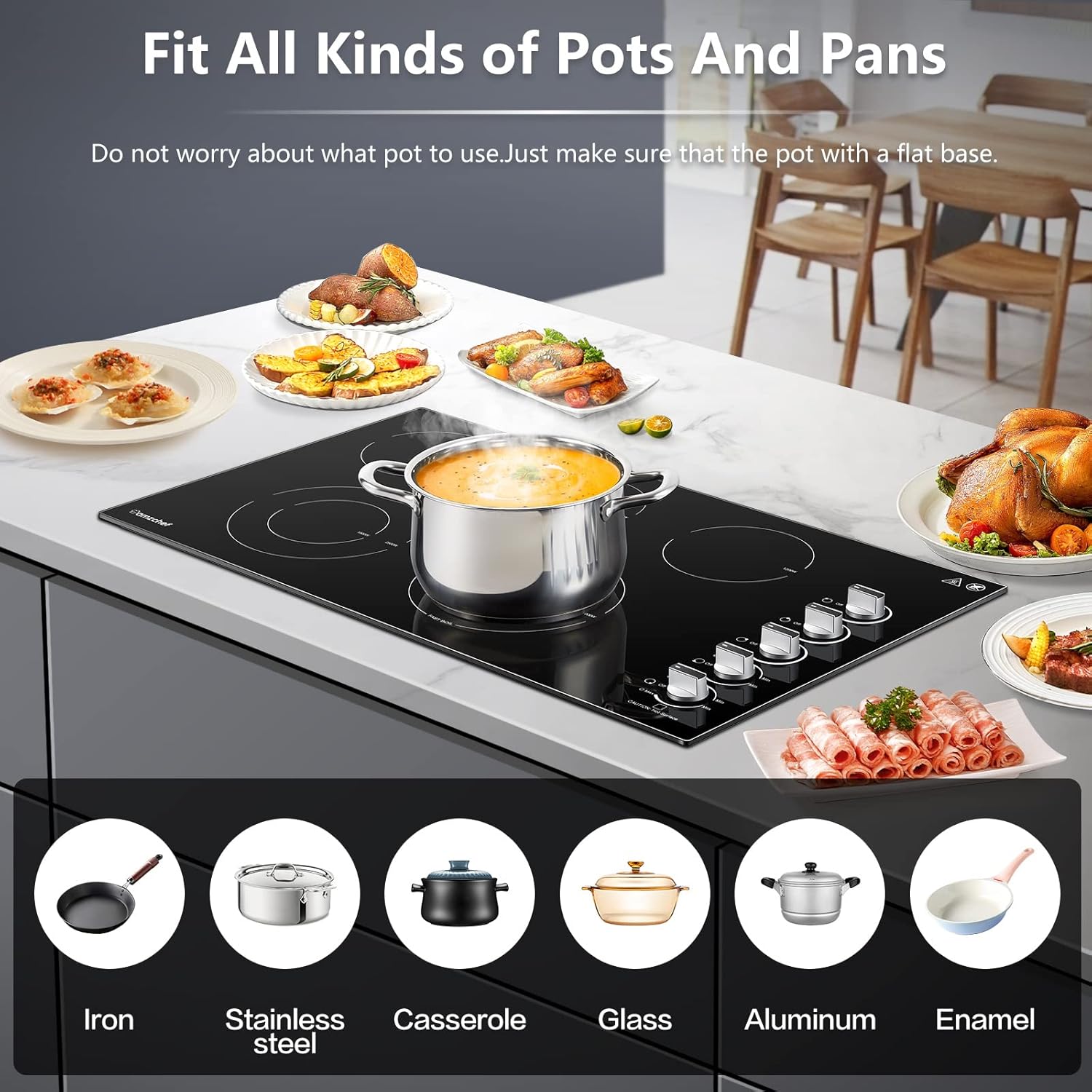 5-Burner Built-In Electric Stove with Ceramic Surface 8900W