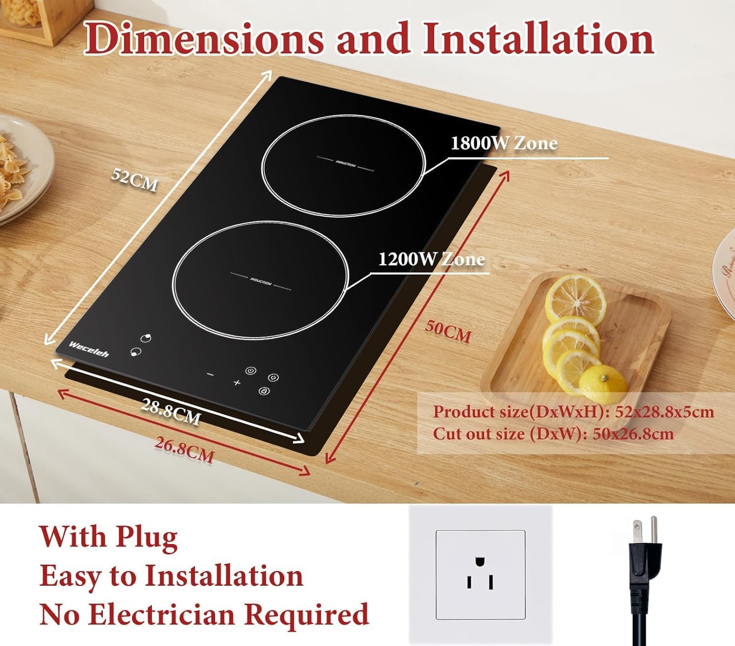 Weceleh 12-inch Induction Cooktop - 2 Burners 3300W Child Safety Timer