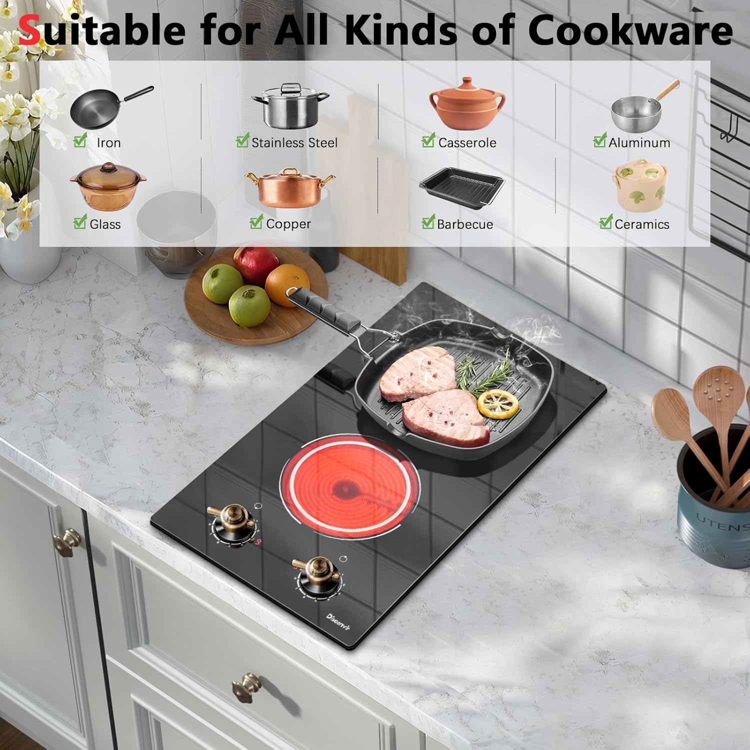 2-Burner Electric Cooktop - 3000W Cooking Power - 9 Power Levels