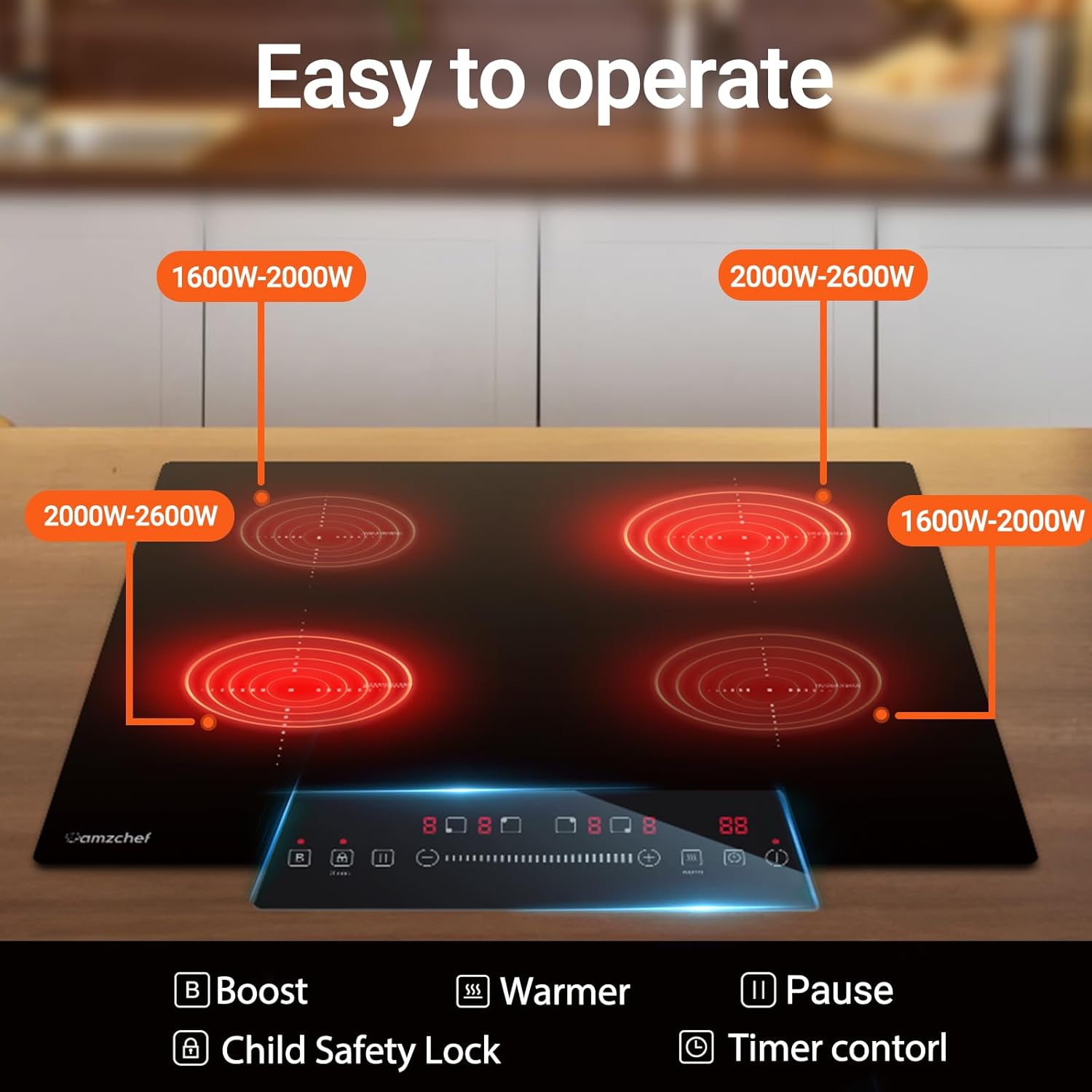 AMZCHEF Electric Cooktop 30 Inch with 4BOOST Burners