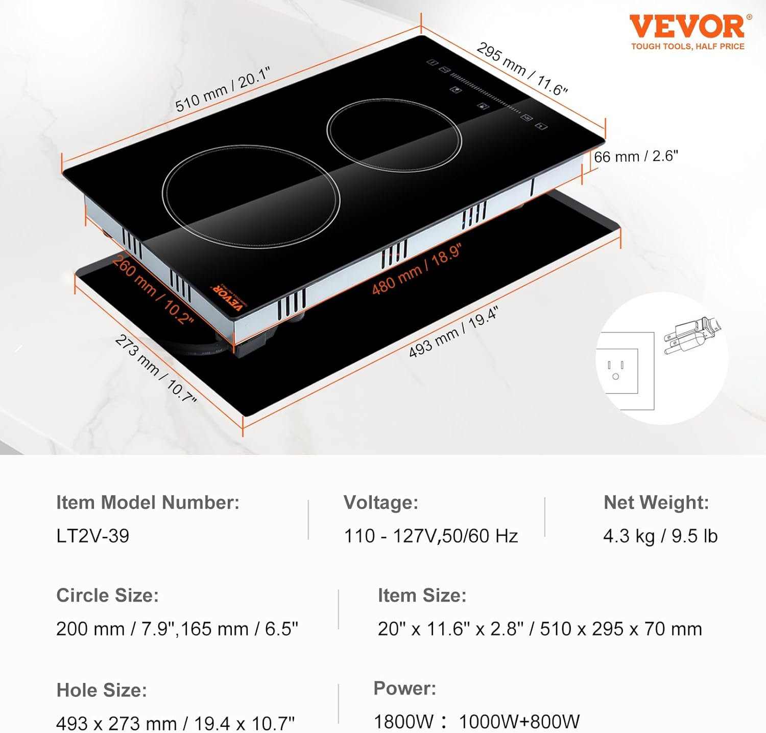 VEVOR 12-inch Glass Electric Cooktop Built-In with Timer Kids Safety Lock