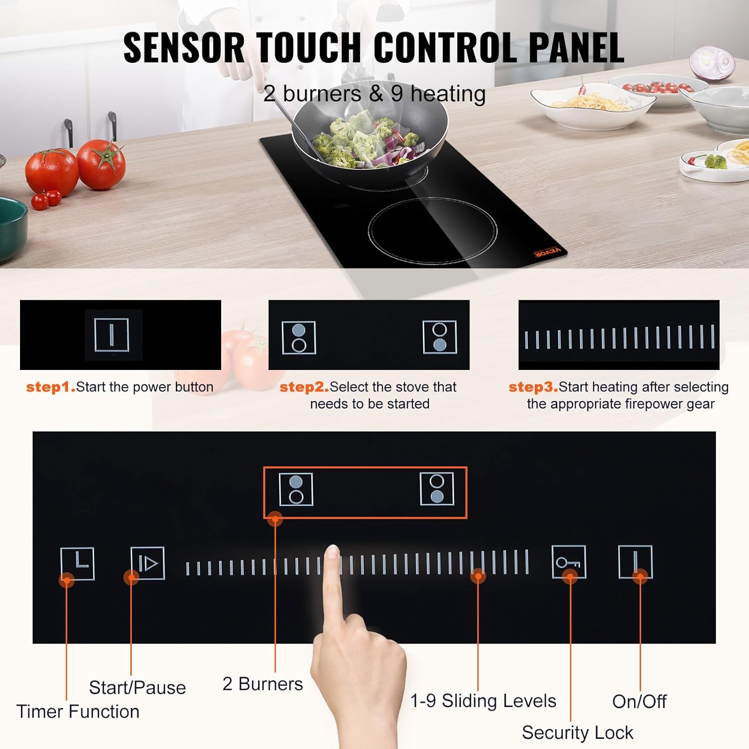 VEVOR 12-inch Glass Electric Cooktop Built-In with Timer Kids Safety Lock