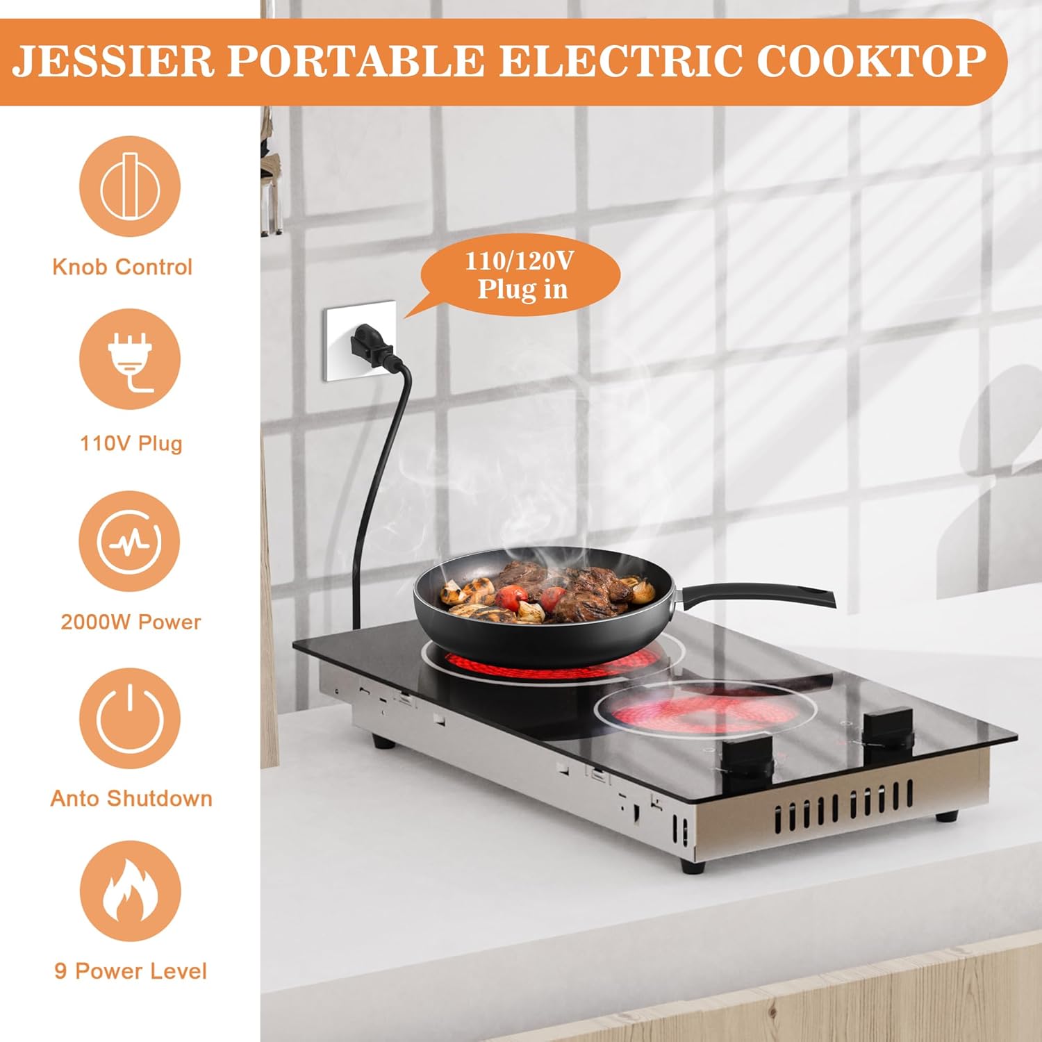 Effortless 110V Plug-In Electric Cooktop with 1400W Power Safety Features