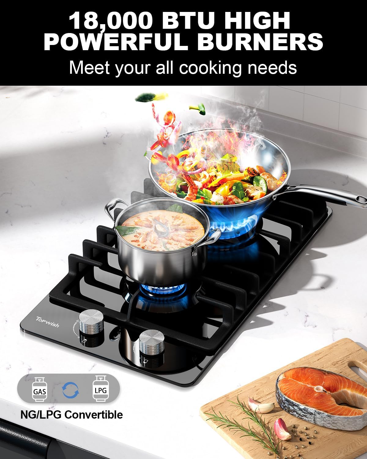 TopWish 2 Burner Propane Gas Cooktop Black Tempered Glass