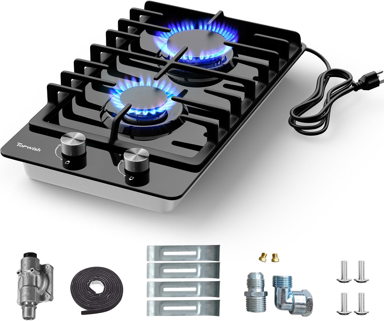 TopWish 2 Burner Propane Gas Cooktop Black Tempered Glass