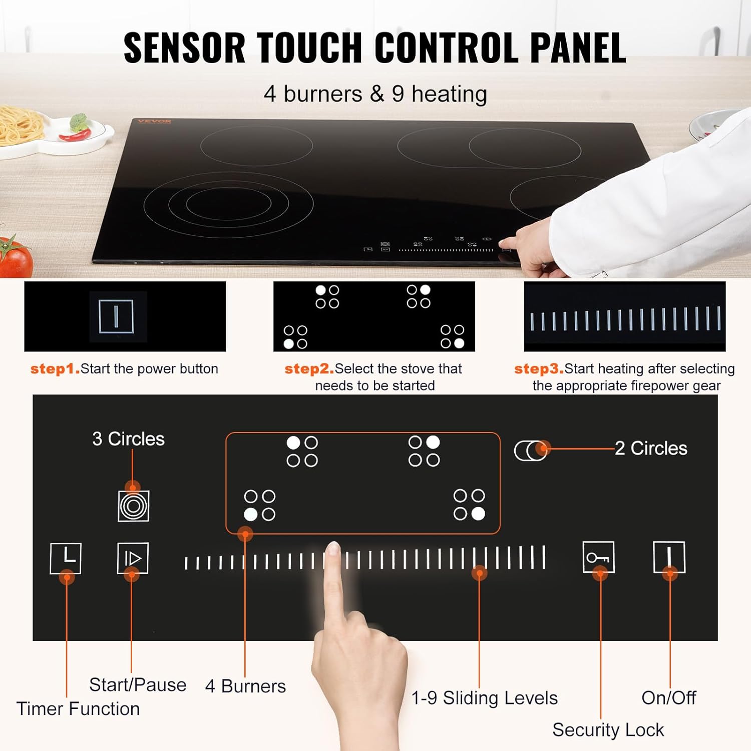 4-Burner Electric Cooktop Sensor Touch Control 30 Space Saving 240V