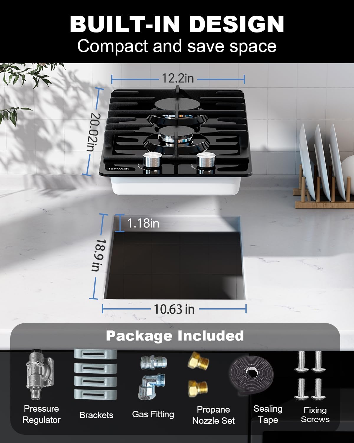 TopWish 2 Burner Propane Gas Cooktop Black Tempered Glass