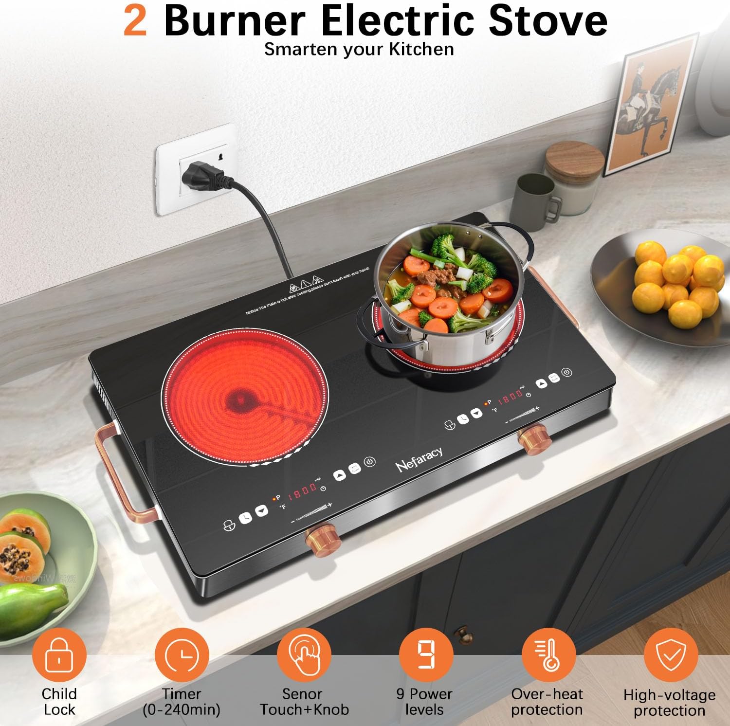 2-Burner Electric Cooktop 2000W Power 24 Inch Safe Portable Timer Included