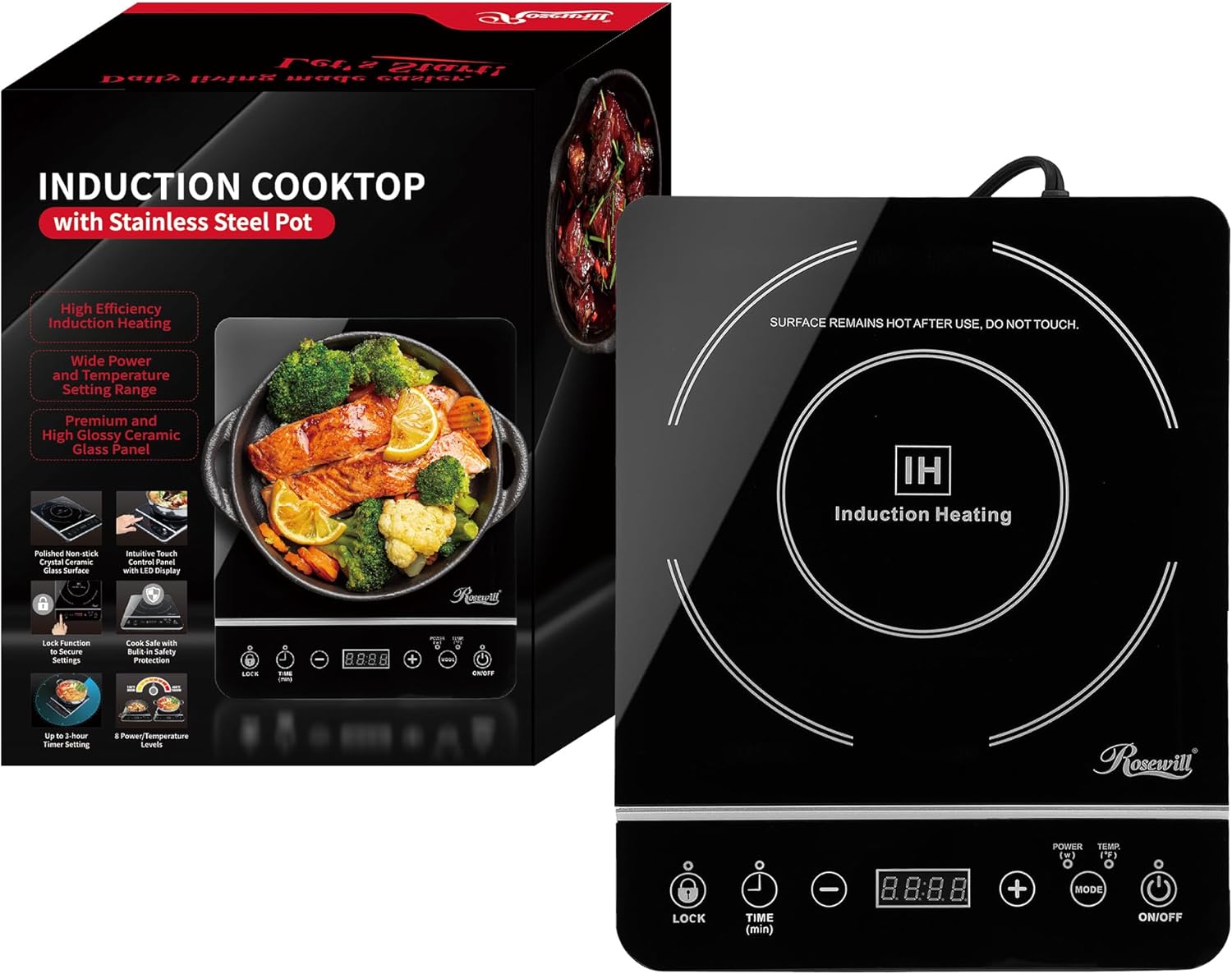 Rosewill 1800W Induction Cooktop 10-inch apt Stainless Steel Talking Monitoring Cooktop