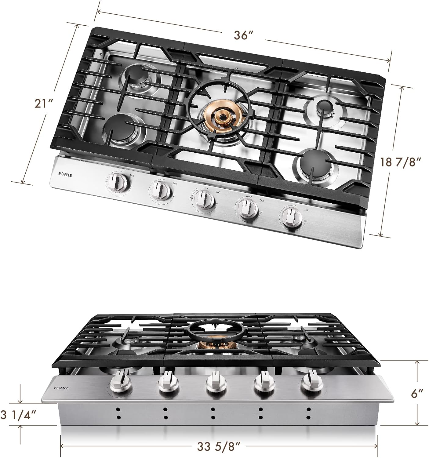 FOTILE 36 5-Burner Gas Cooktop with Flame Protection Stainless Steel