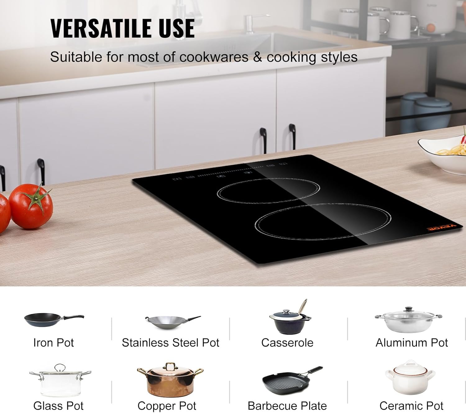VEVOR 12-inch Glass Electric Cooktop Built-In with Timer Kids Safety Lock