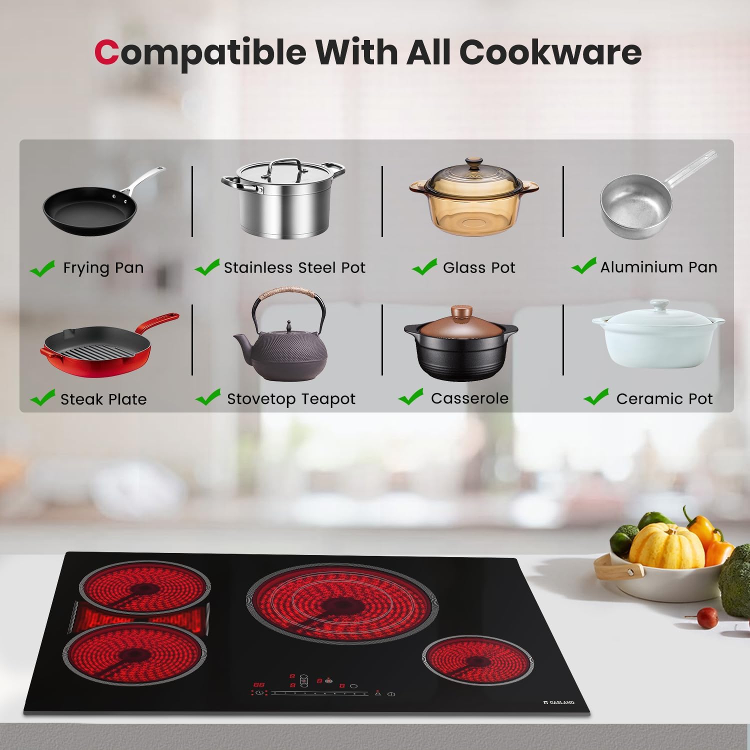 GASLAND 4-Burner Built-In Electric Cooktop With Ceramicsurface 3800W Child Safety