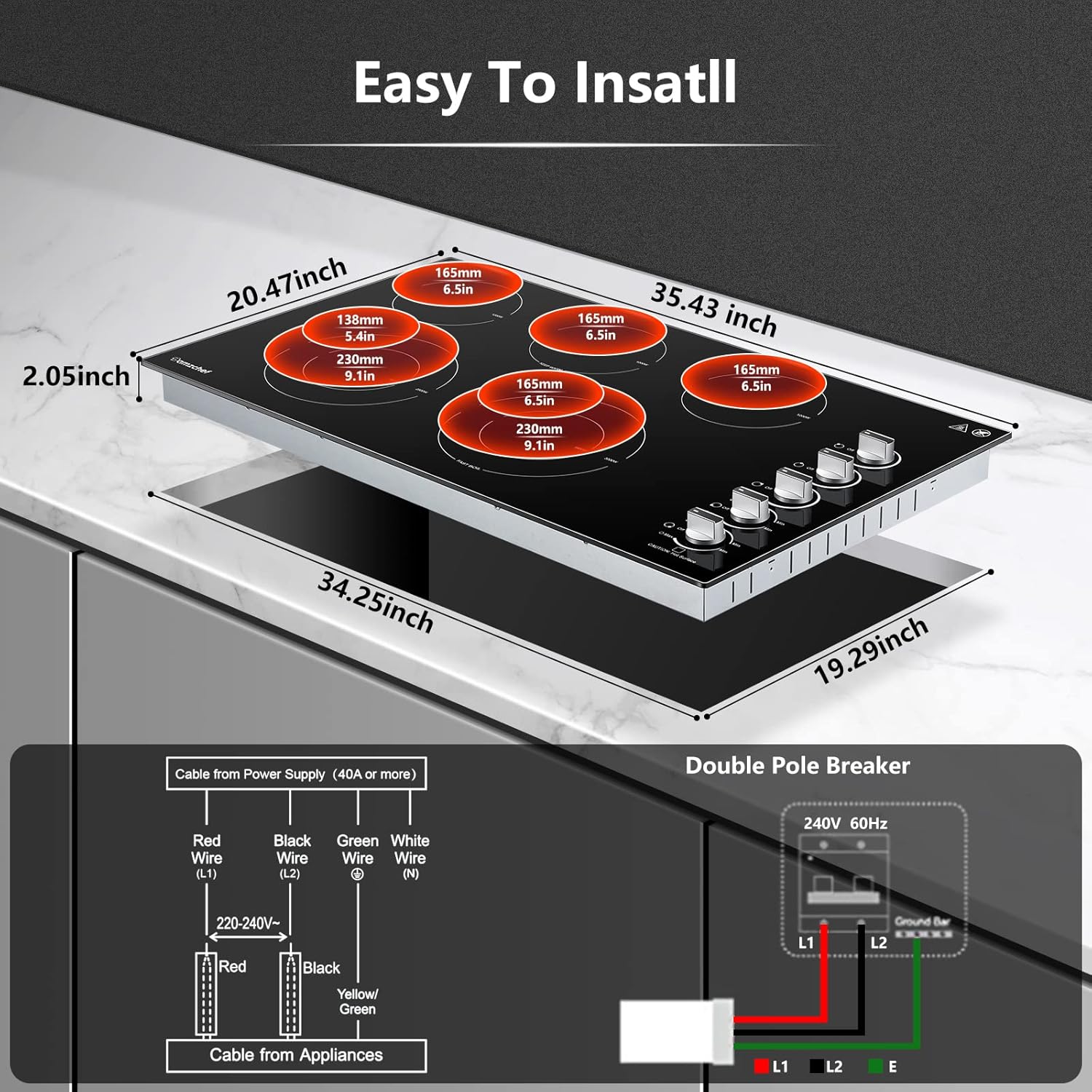 5-Burner Built-In Electric Stove with Ceramic Surface 8900W