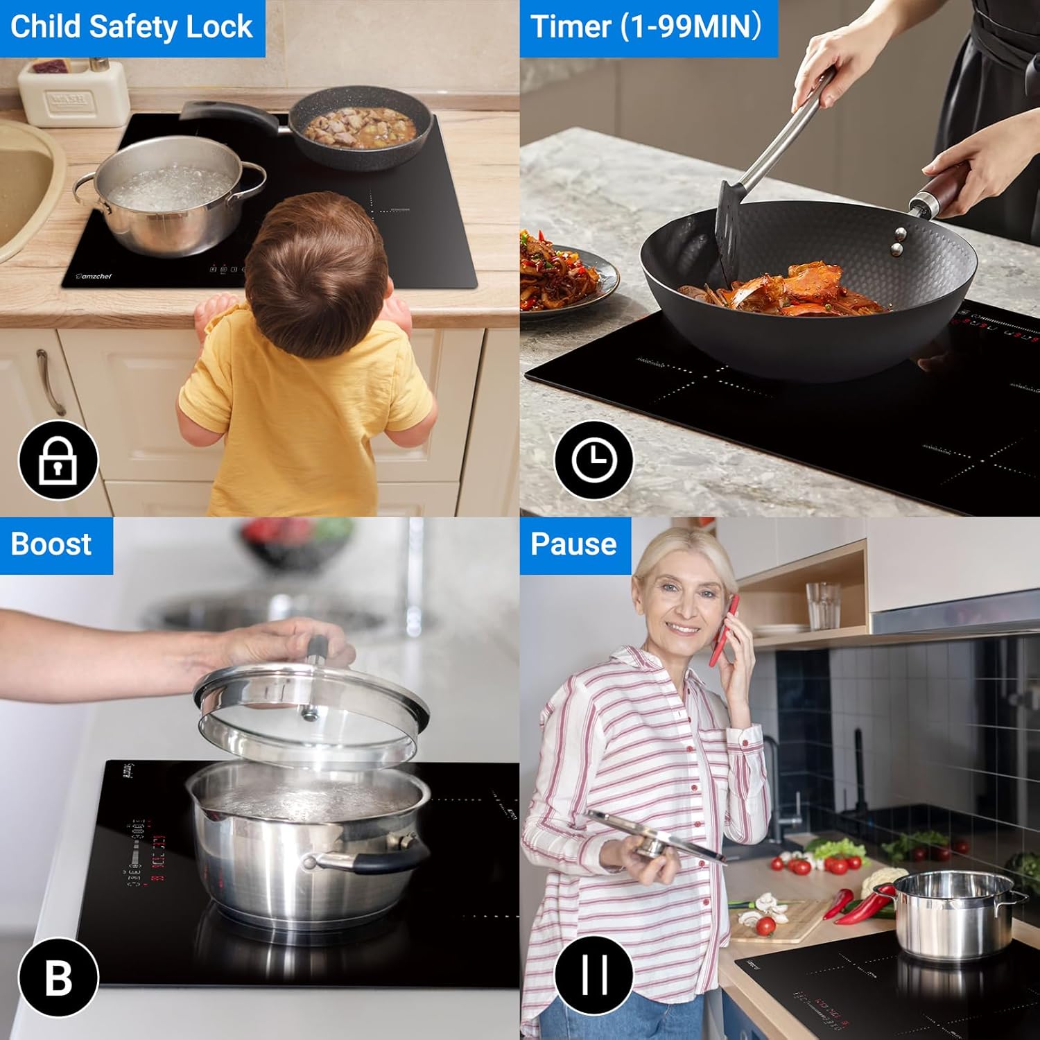 AMZCHEF Electric Cooktop 30 Inch with 4BOOST Burners
