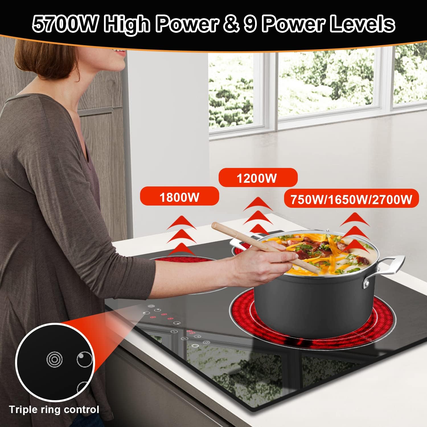 3-Burner Electric Cooktop 24 Built-In Ceramic Glass for Perfect Cooking