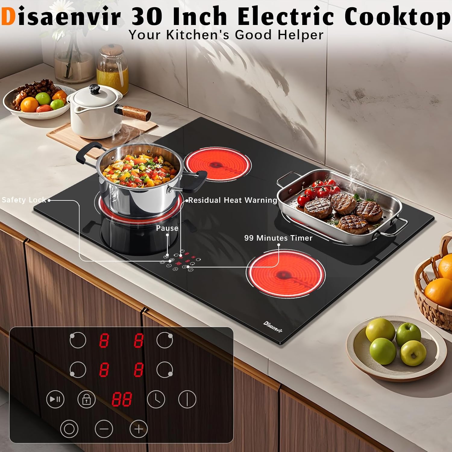30-Inch 6400W Electric Cooktop with Timer Safety Features