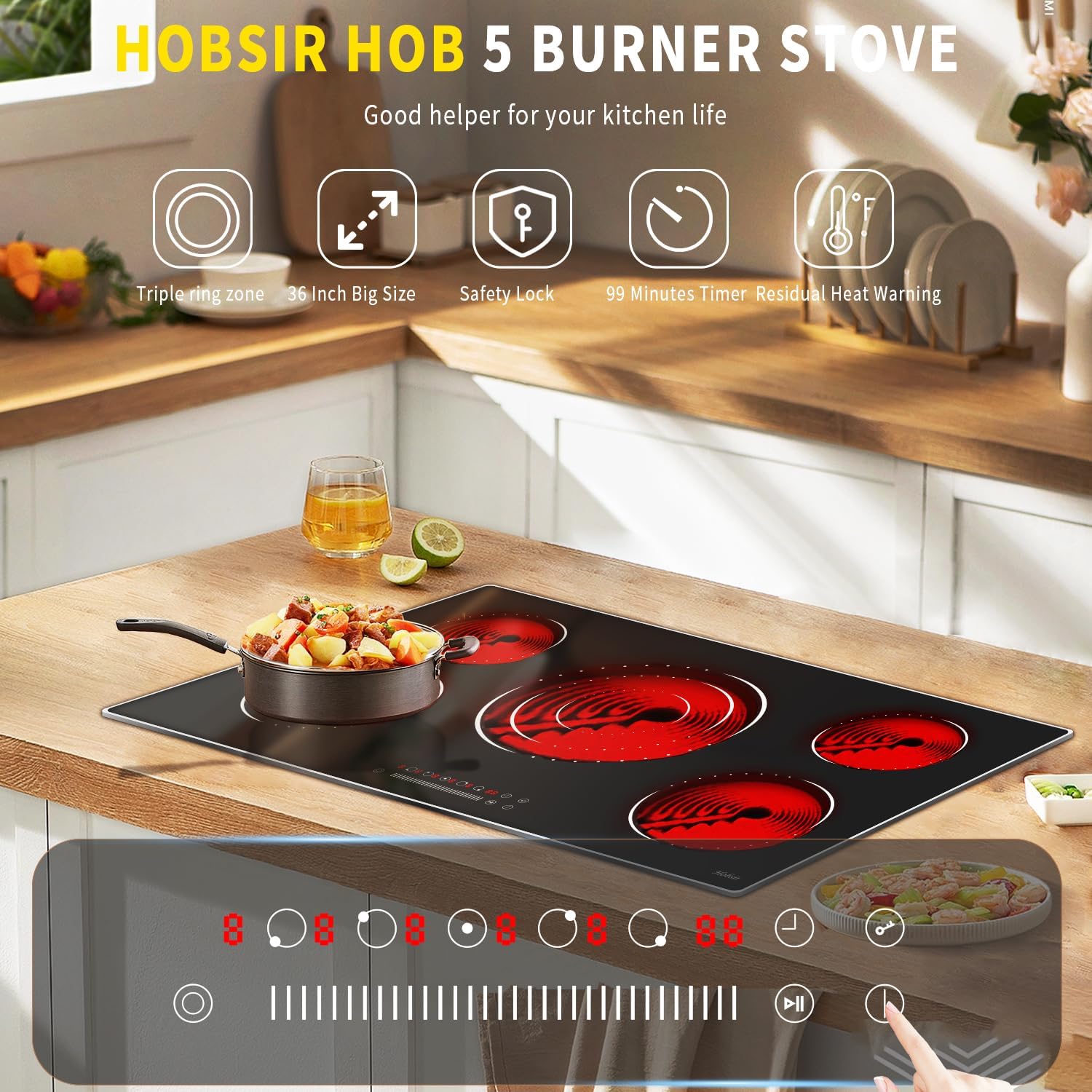 36 Inch Electric Cooktop 5 Burner Safety Cook Top