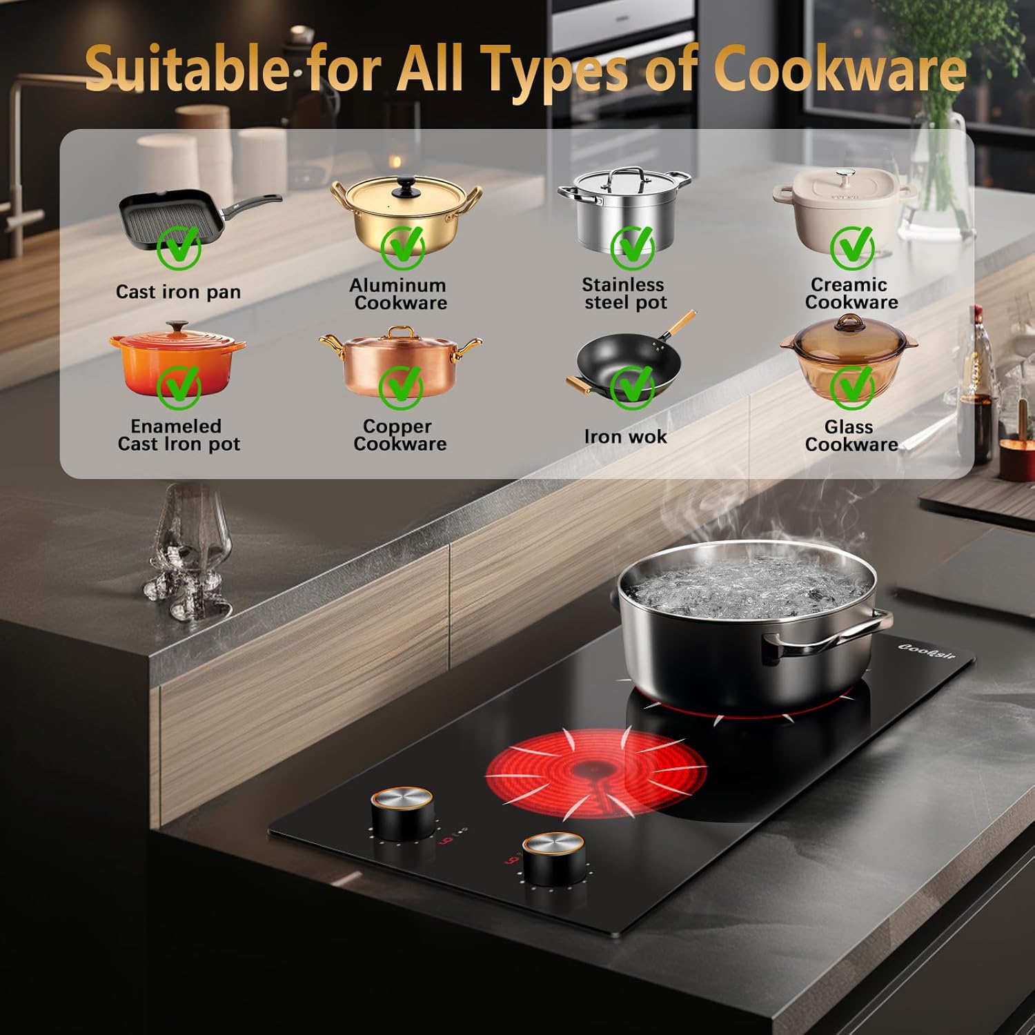 Compact Powerful 2-Burner Electric Cooktop for Home Camping
